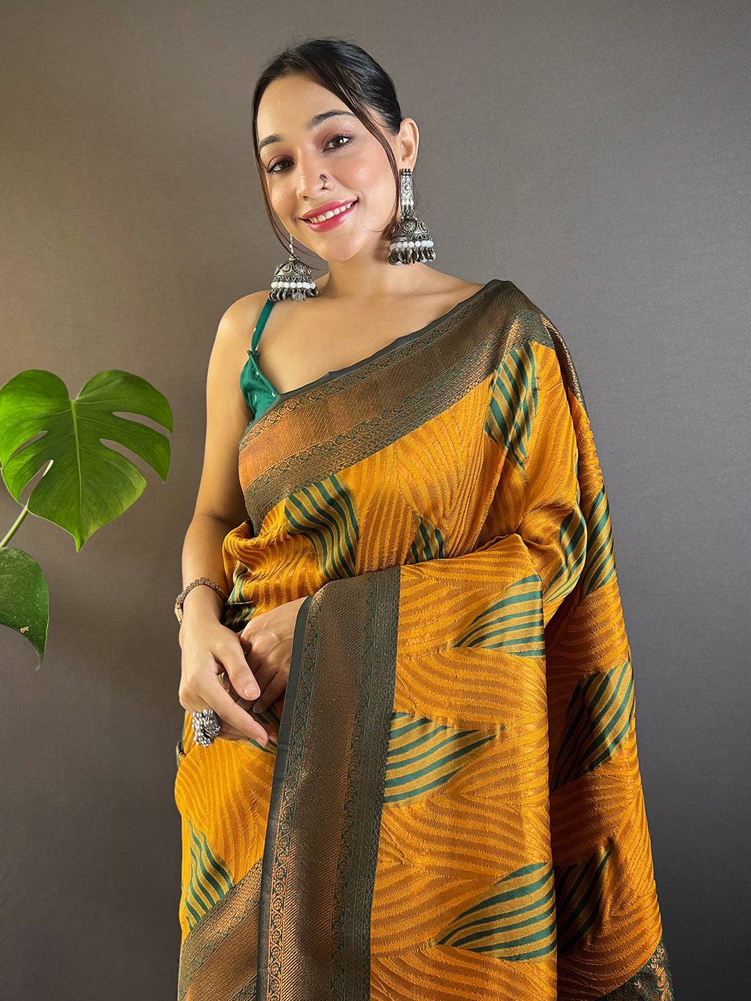 Mustard Tussar Silk Zari Weaving Ikkat Saree by My Store