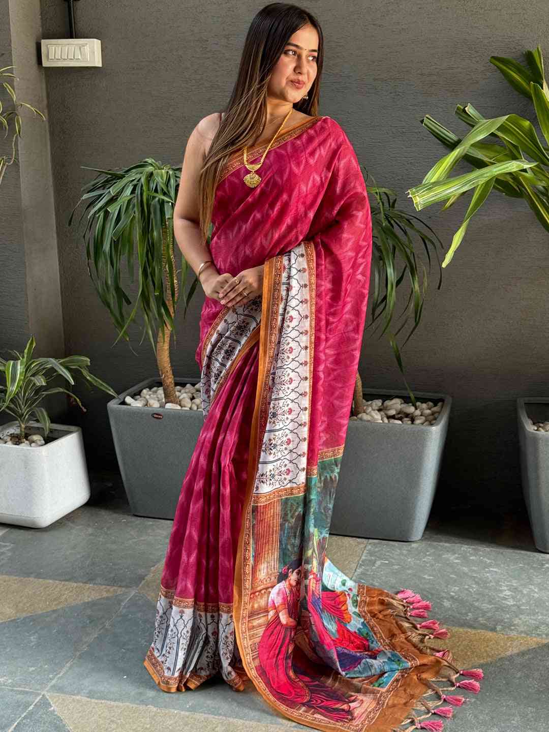 Rani Colour Ikkat Print Saree With kalamkari Block Print Design by My Store