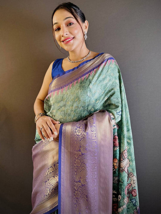 Intricate Aqua Pearl Banarasi Silk Saree by My Store