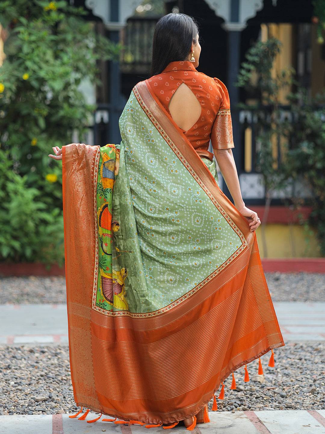 Pista Pure Viscose Dola Silk Saree with Exquisite Bhandhej Print - Luxe by My Store
