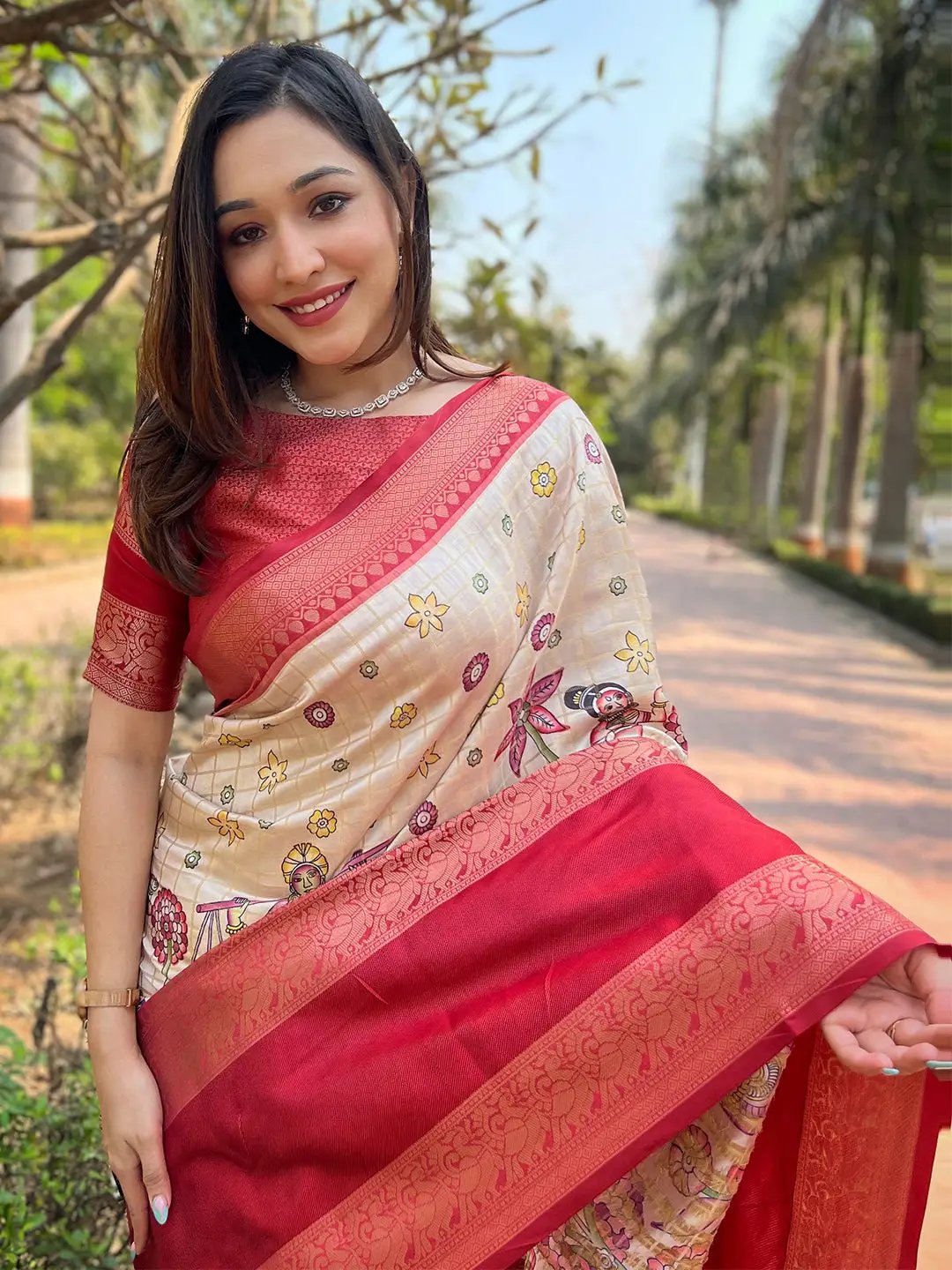 Chiku Colour Double Border Chex Weaving Banarasi Soft Silk Saree by My Store