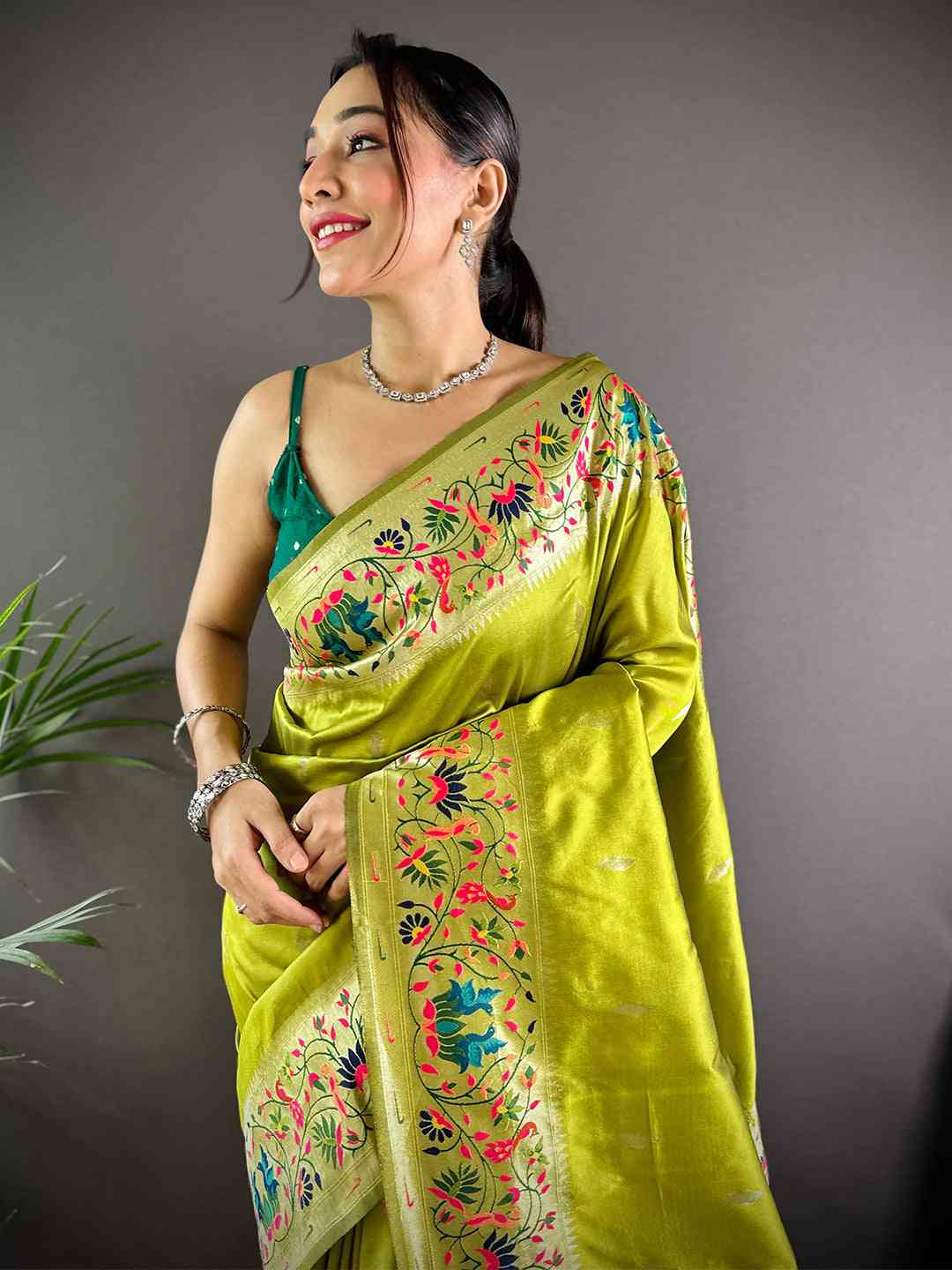 Pista Yevla Paithani Meenakari Saree