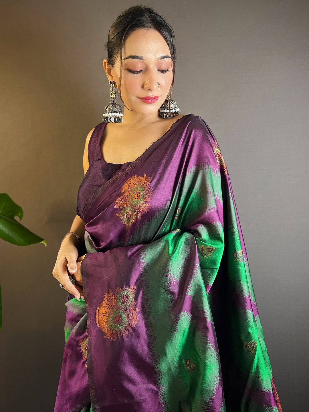 Dark Green Tussar Silk Ikkat Weaving Saree