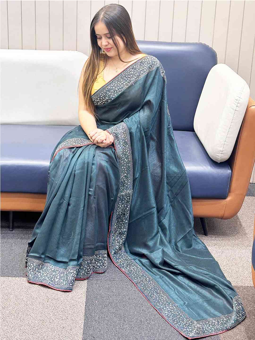 Dark Green colour Vichitra Silk Saree With Embellish Swarovski Stone work by My Store