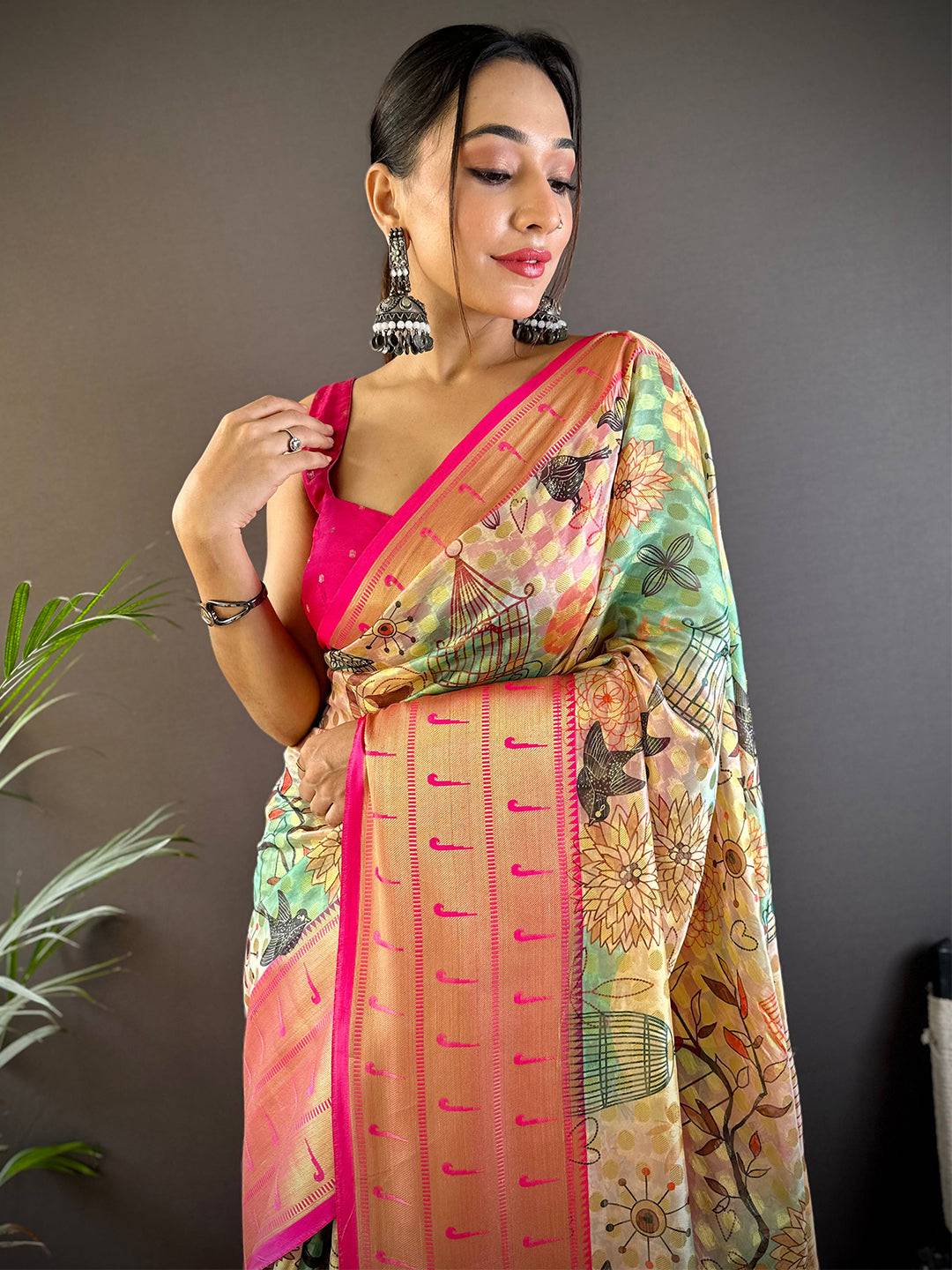 Multi Digital Paithani Kora Silk Saree by My Store
