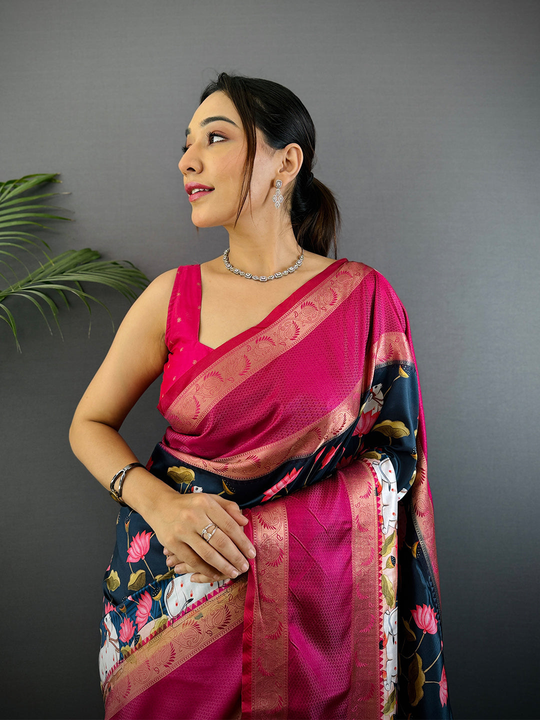 Navy Pichwai Print Banarasi Silk Saree by My Store