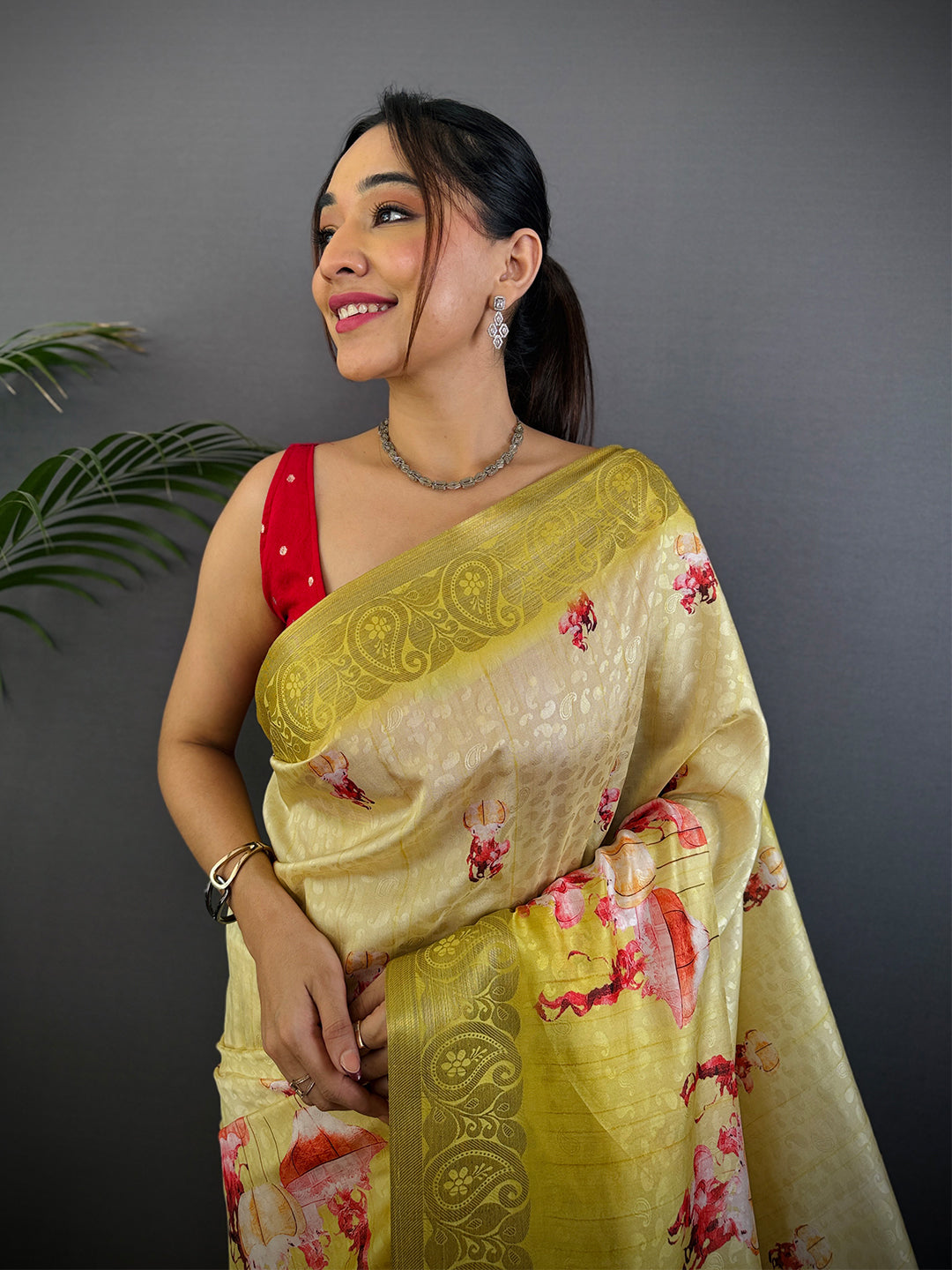 Mustard Yellow Digital Print Soft Dola Silk Saree by My Store