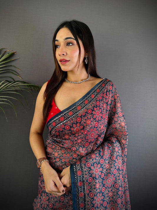 Navy Blue Charm Mirror Work Silk Saree by My Store