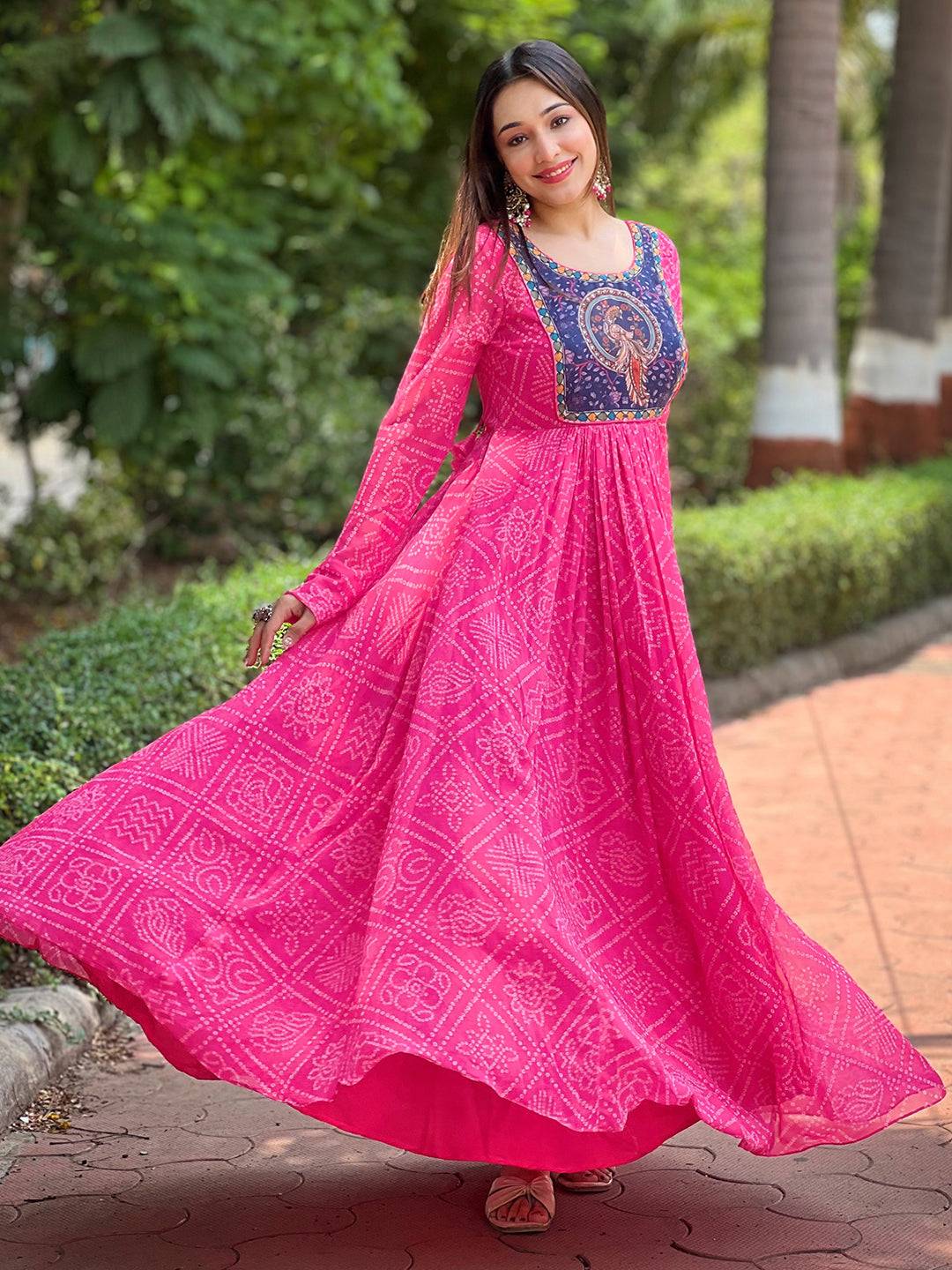 Deep Pink Bandhej Print Dress by My Store