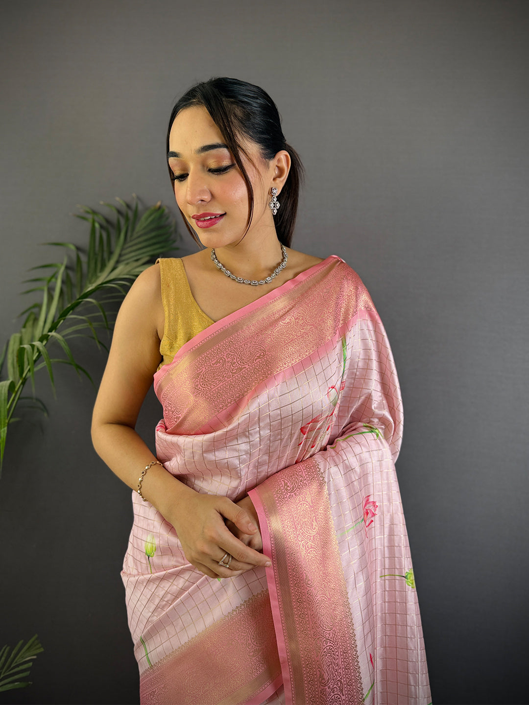 Rose Pink Banarasi Silk Digital Printed Saree by My Store