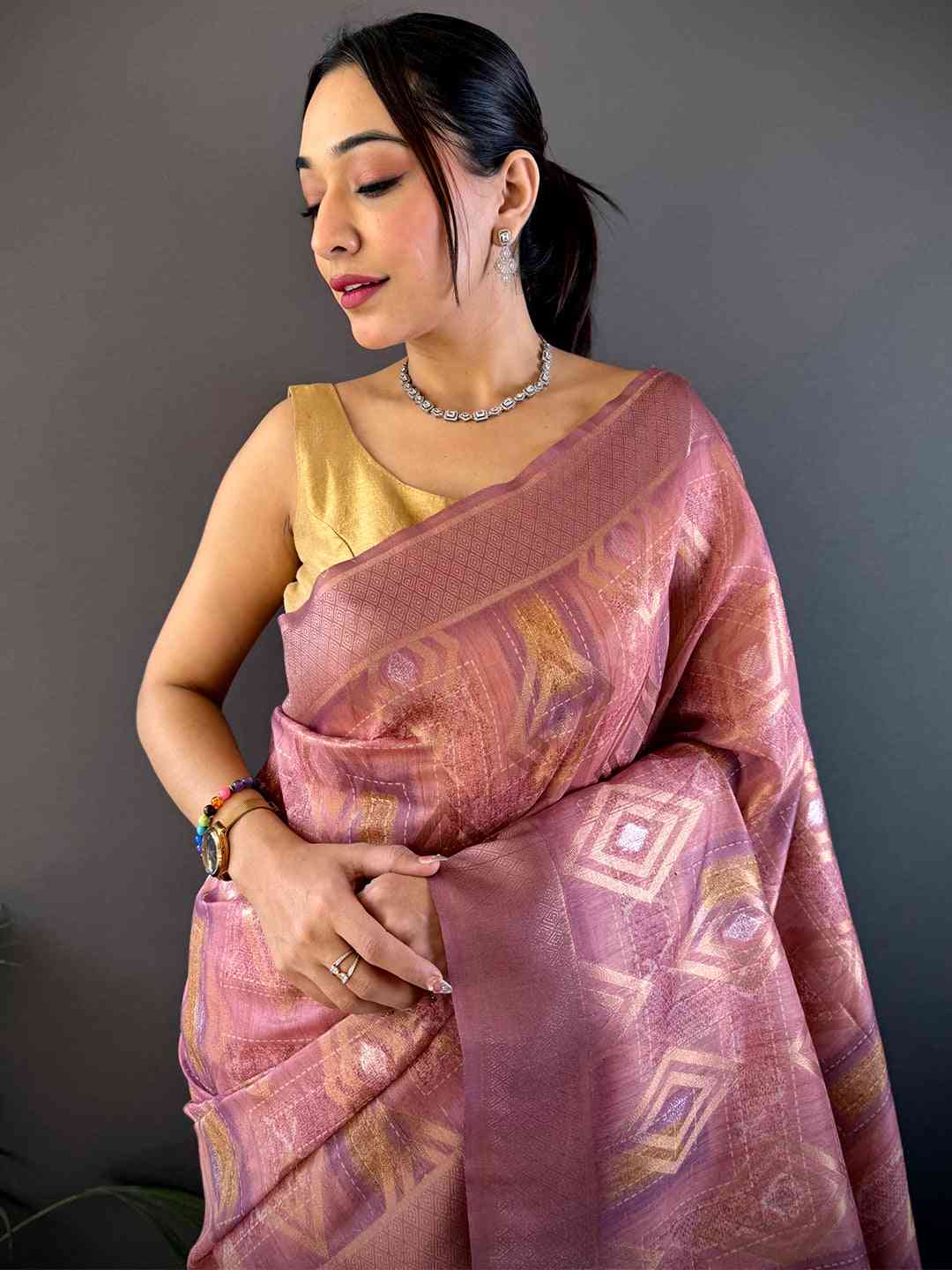 Blush Pink Banarasi Silk Katan Geometric Saree