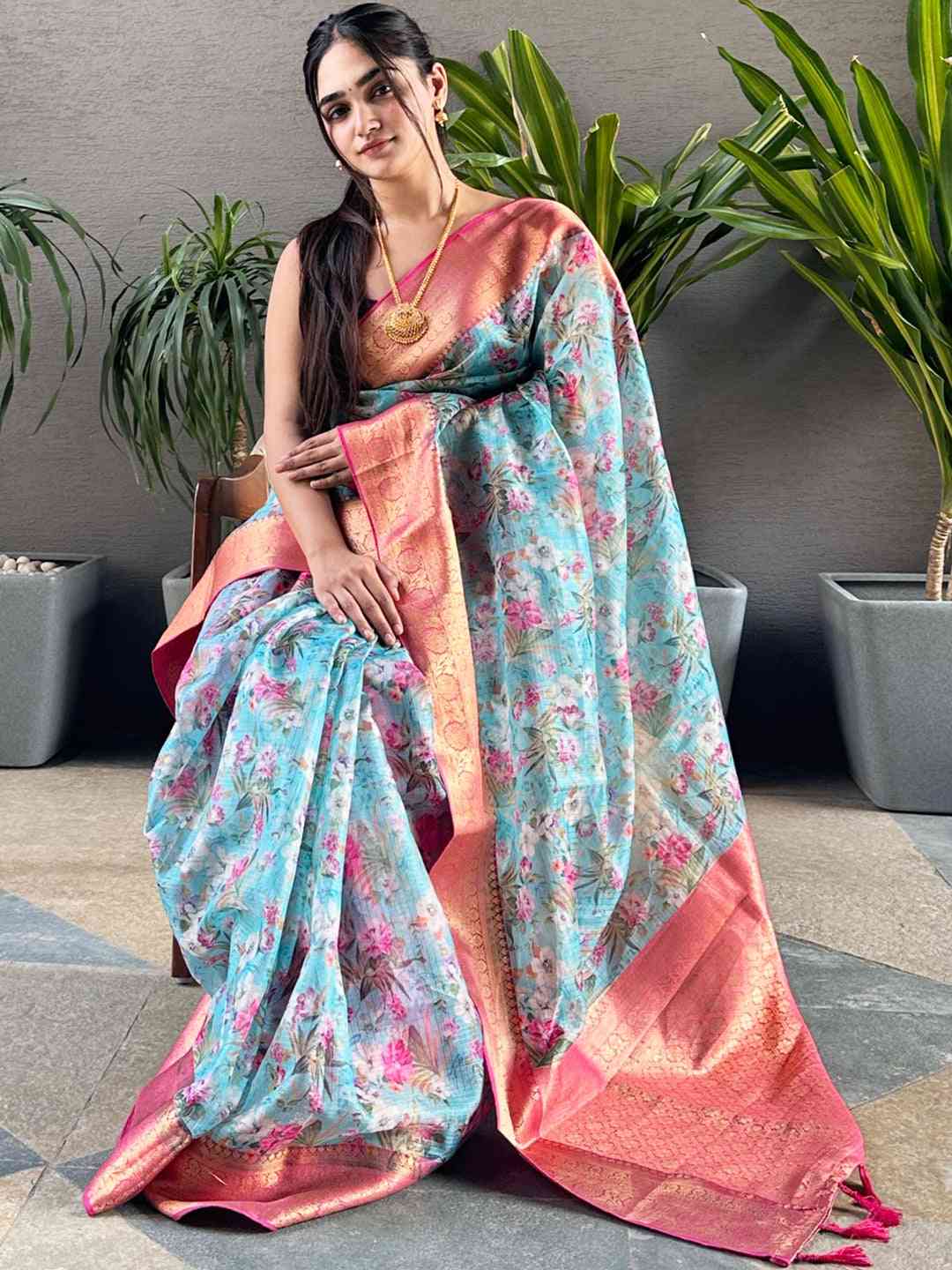 Trendy Turquoise Colour Digital Flower Print Kota Silk Saree