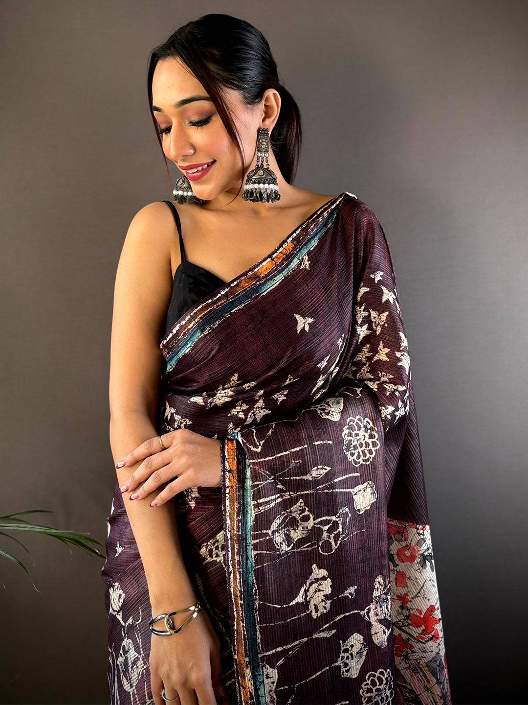 Purple Monochromatic Botanical Print Saree by My Store