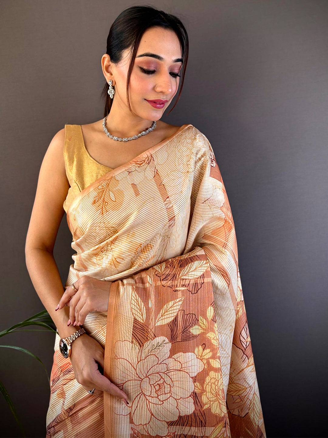 Mustard Tussar Floral Saree by My Store