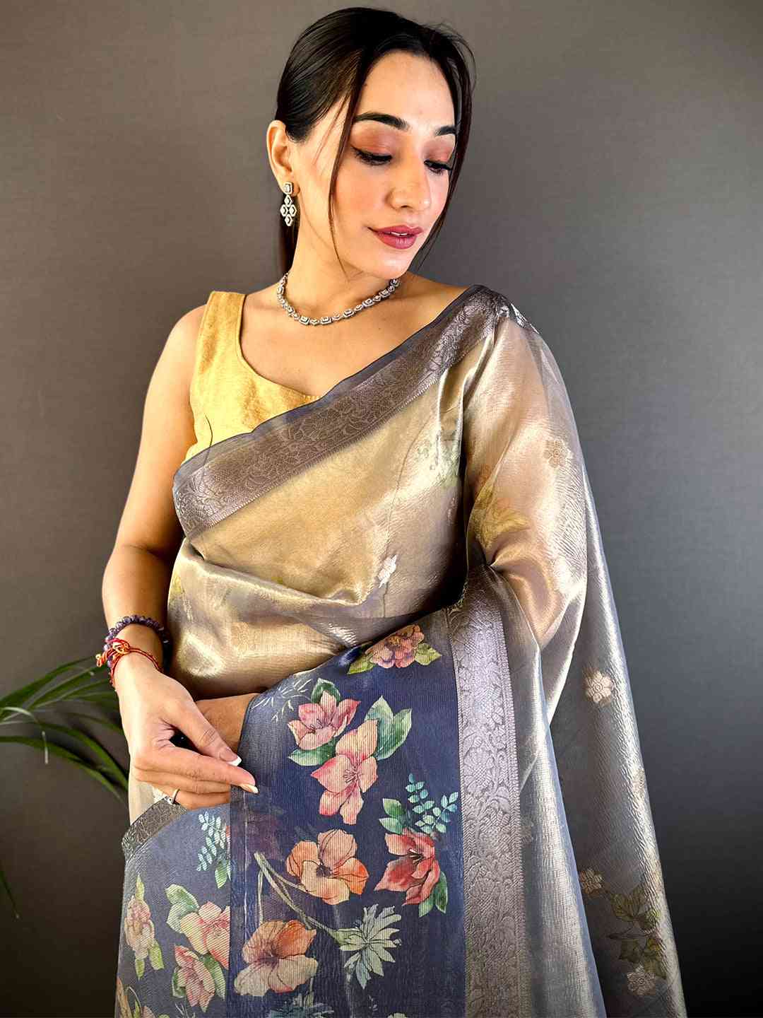 Blue Tissue Digital Floral Saree by My Store