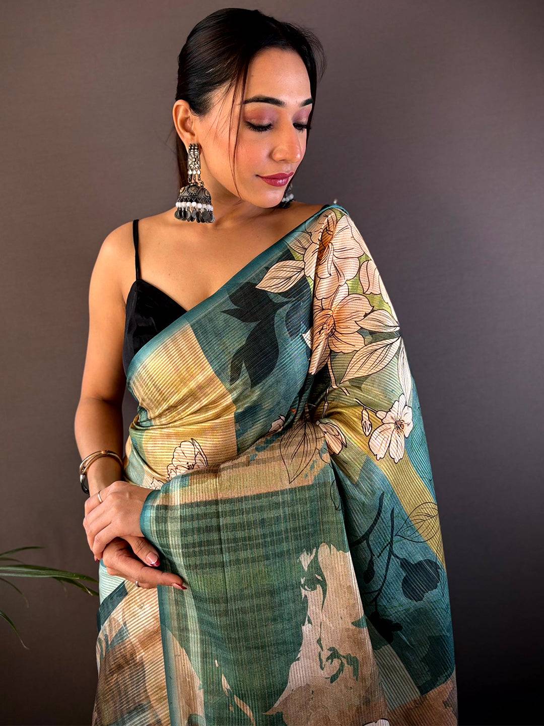 Teal Blue Semi-Gold Zari Abstract Tussar Saree by My Store