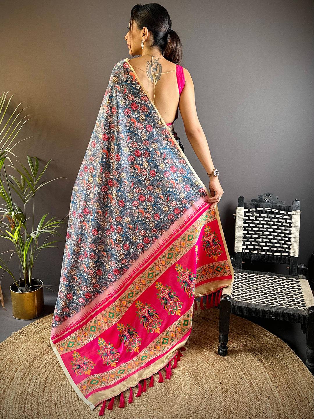 Smoke Grey Kalamkari Floral Print Gamthi Saree by My Store