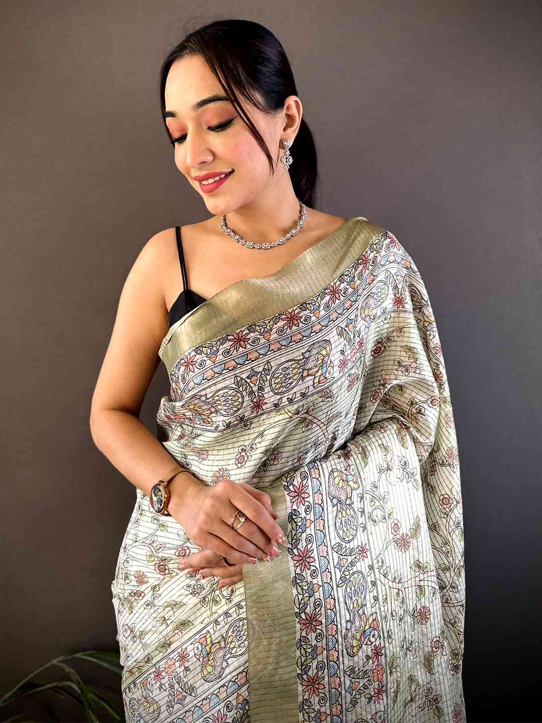 Sage Green Chanderi Madhubani Black Chex Saree by My Store