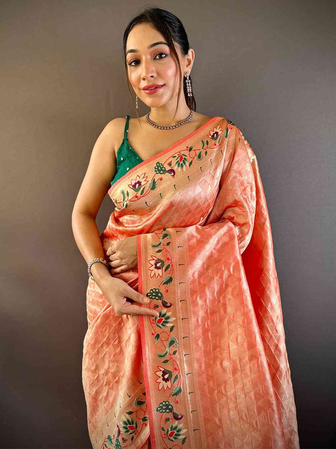 Peach Silk Blend Woven Zari Work Paithani Saree by My Store