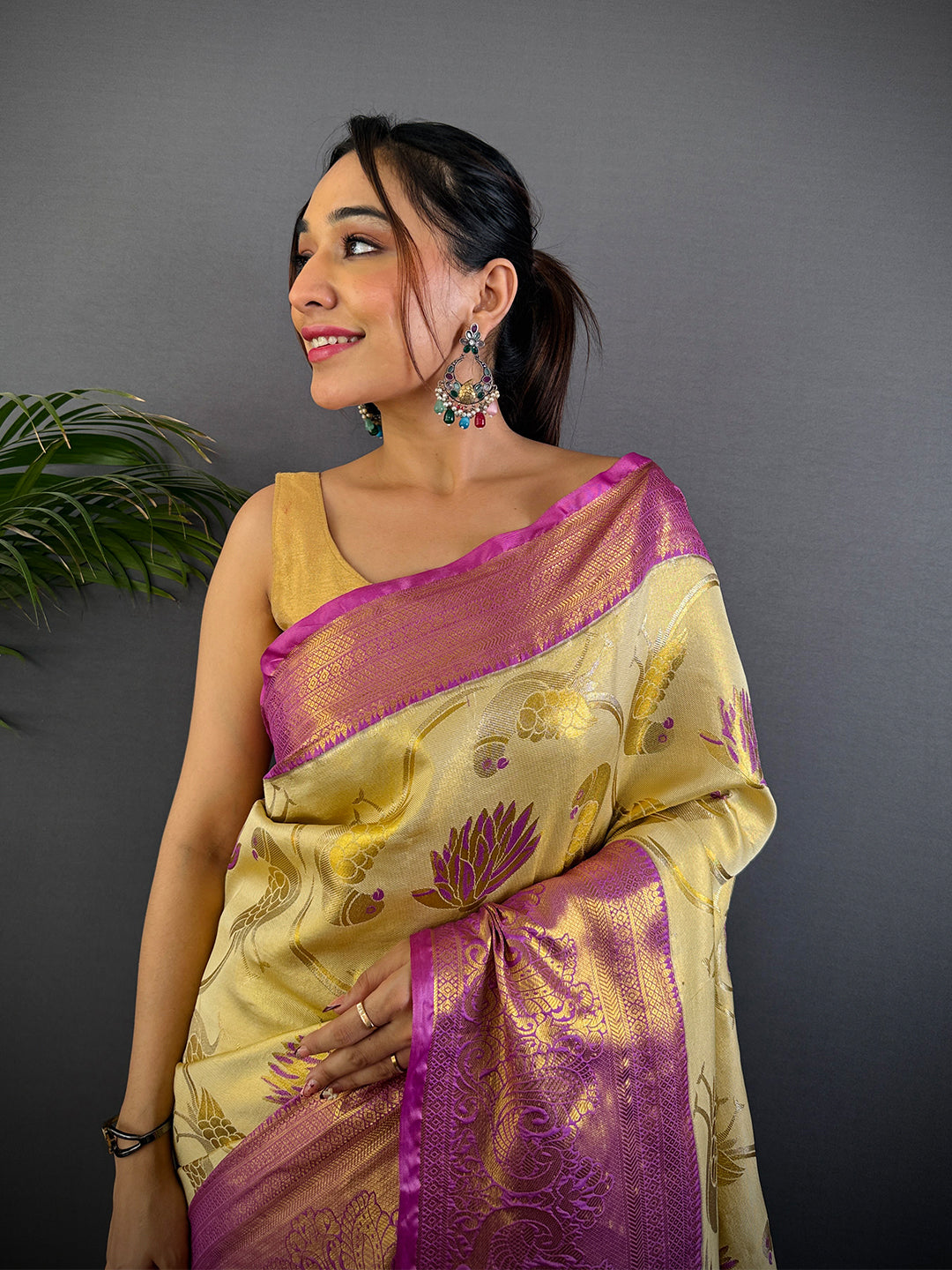 Beige Dharmavaram Gold Birds Print Saree