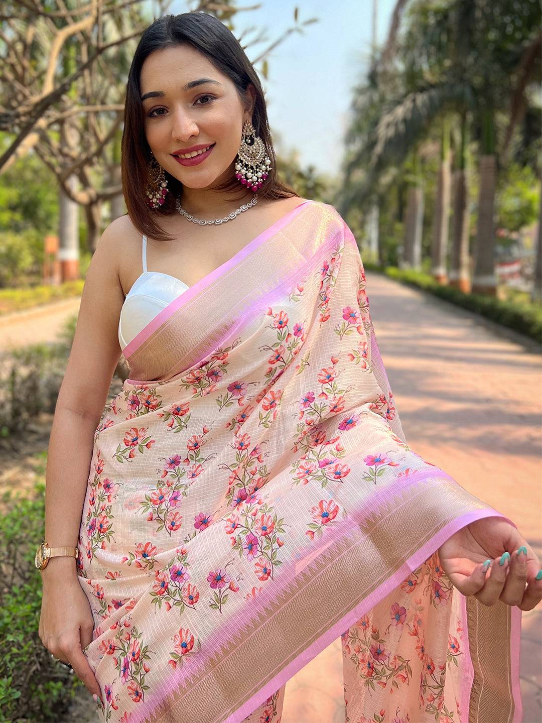 Peach Kota With Digital Floral Printed Saree by My Store
