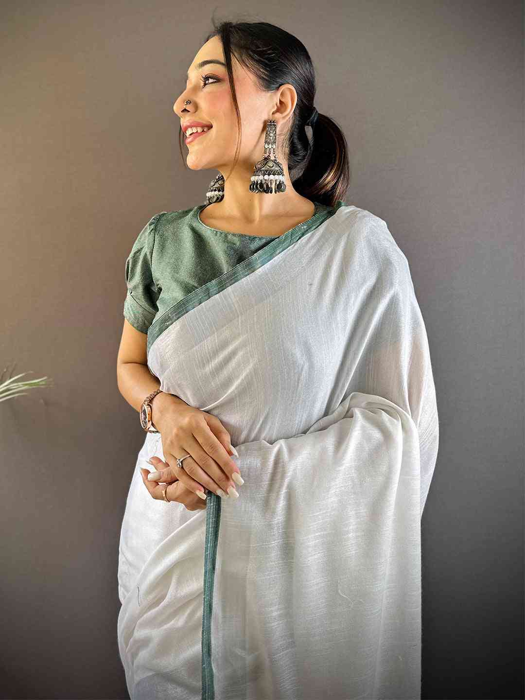 Bhagalpuri Linen Saree With Green Colour Small Patti