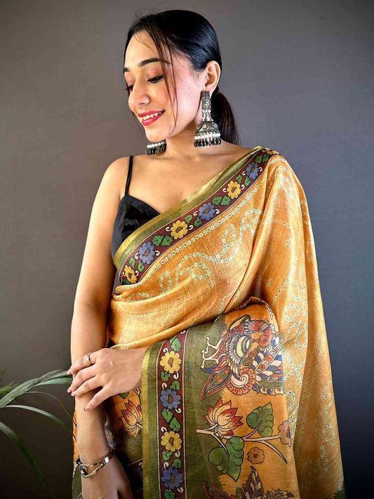 Lemon Yellow Tissue Bandhej Kalamkari Saree by My Store