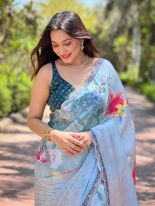Light Blue Satin Georgette Floral Print Saree by My Store