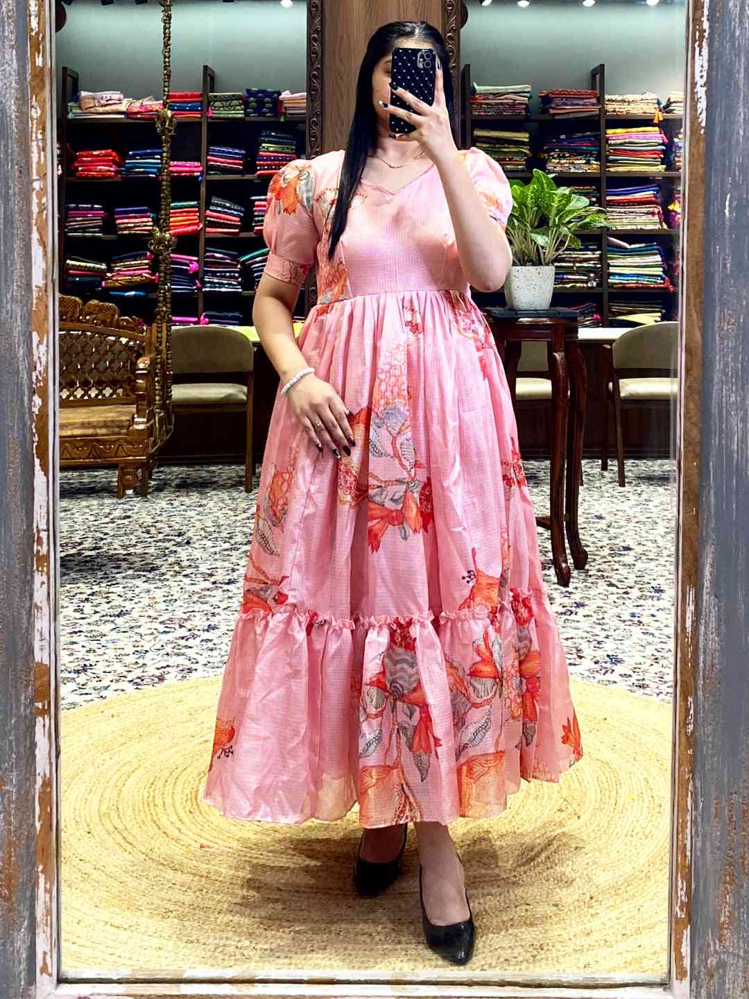 Salmon Pink Floral Print Midi Dress by My Store