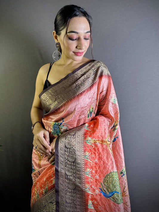 Peach Chex Radiance Banarasi Silk Saree by My Store