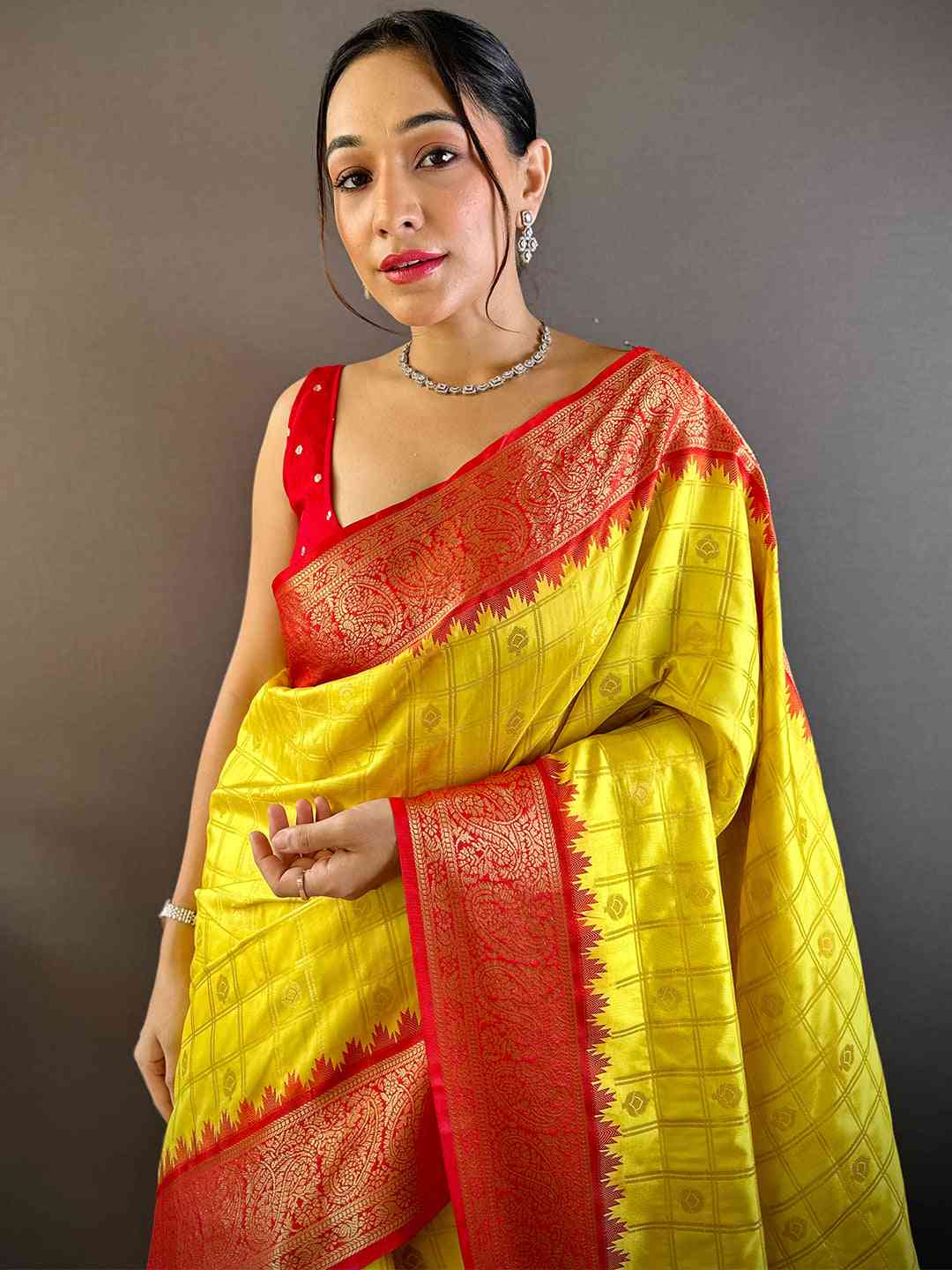 Sunshine Yellow Kovai Banarasi Silk Saree by My Store