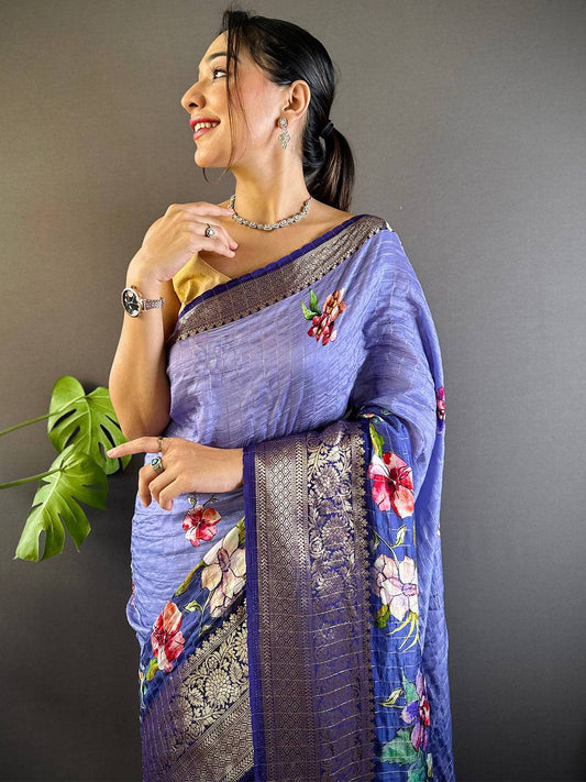 Iris Floral Zari Chex Saree by My Store