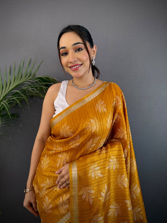 Mustard Leaf Print Ghicha Handloom Saree by My Store