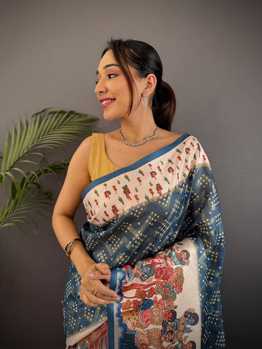 Teal Blue Madhubani Print Soft Silk Saree by My Store