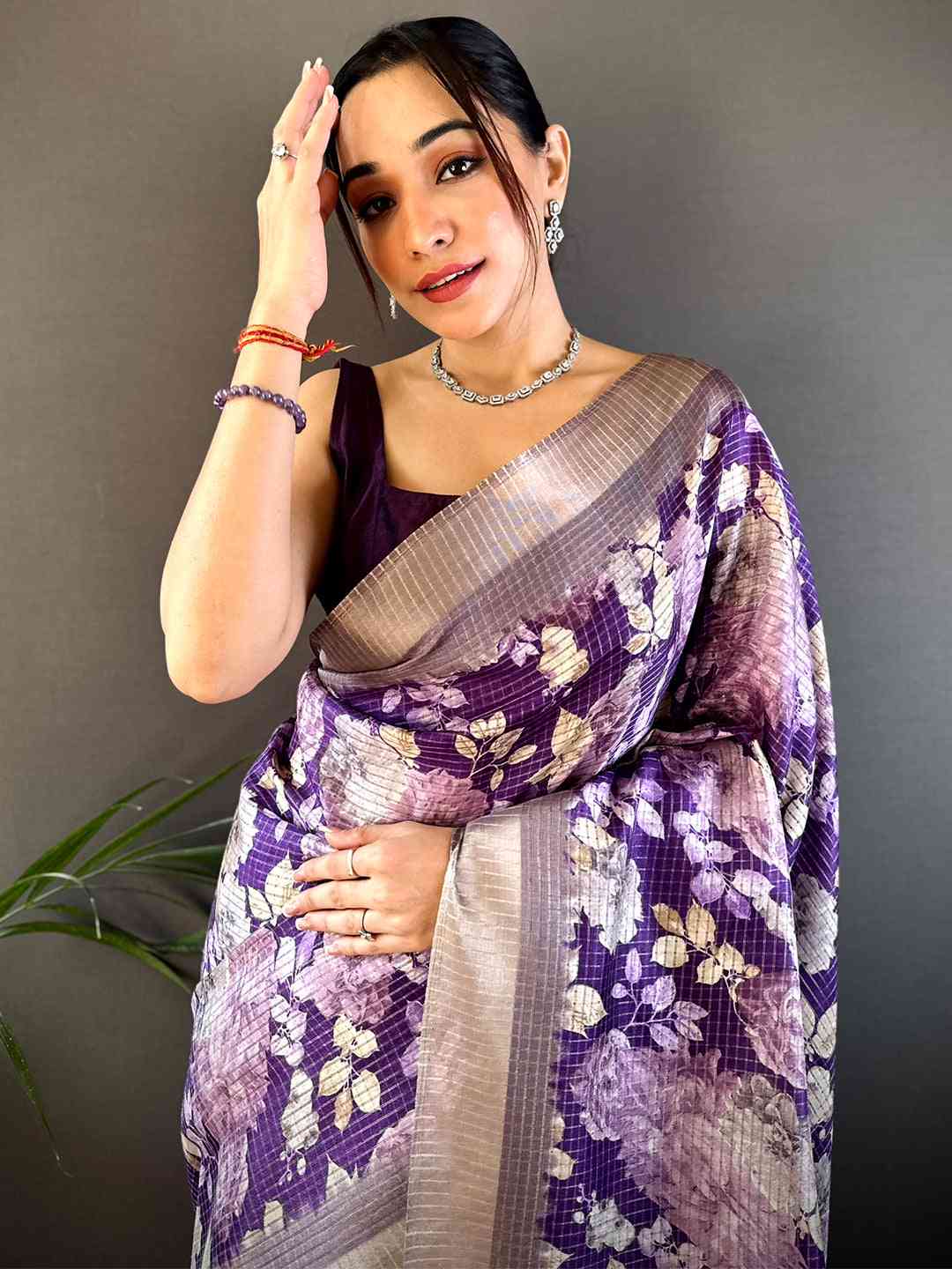 Purple Tussar Chex Floral Saree by My Store