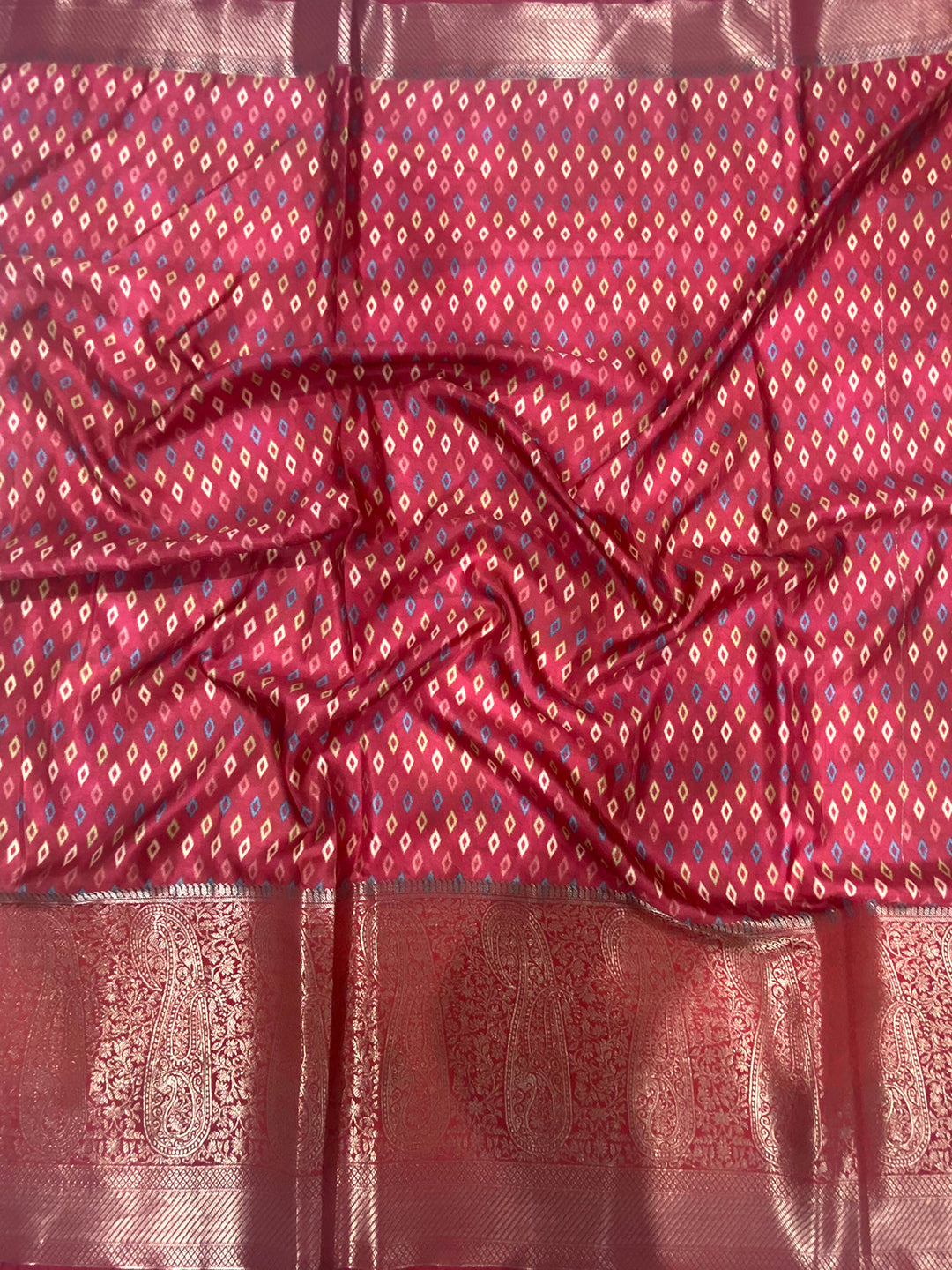 Coral Red Cherry Satin Kalamkari Saree by My Store