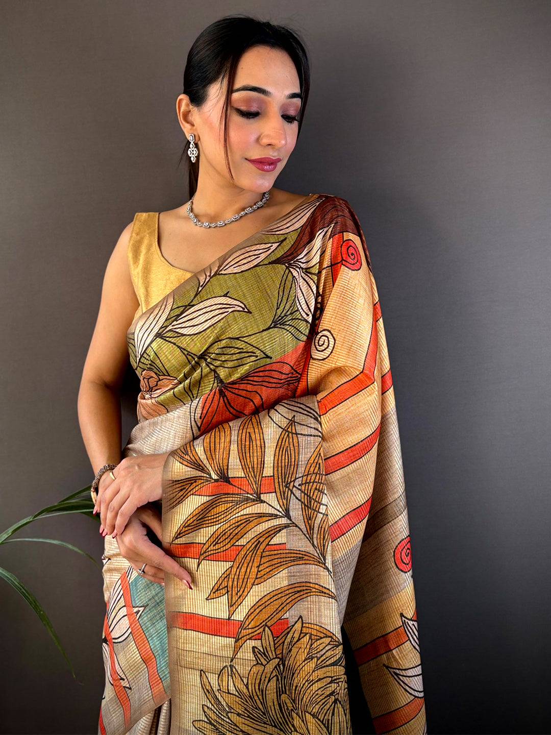 Tan Beige Tussar Silk Floral Prints Saree by My Store