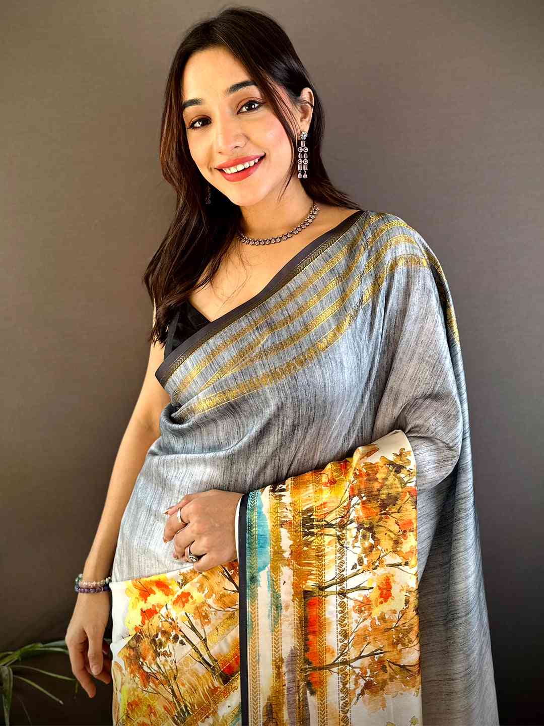 Grey Japanese Freehand Digital Print Saree by My Store