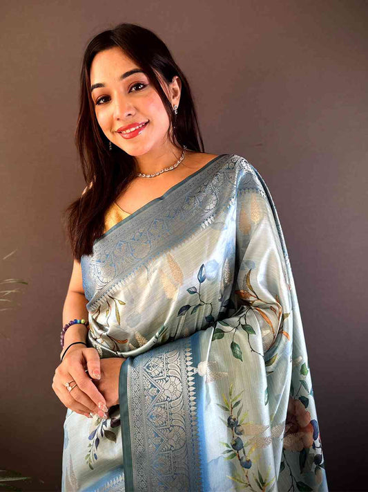 Pastel Blue Bamboo Silk Floral Saree by My Store