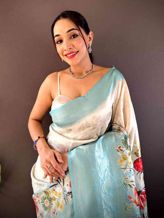 Ivory Kanjivaram Digital Silk Saree by My Store