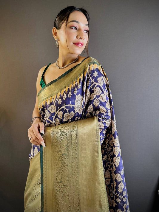 Intricate Ink Blue Banarasi Silk Saree by My Store