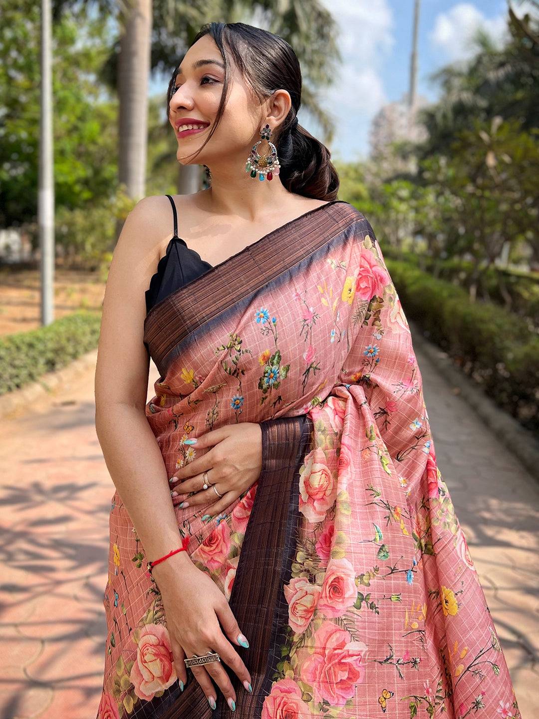 Peach Soft Silk Copper Zari Weaving Digital Floral Saree by My Store