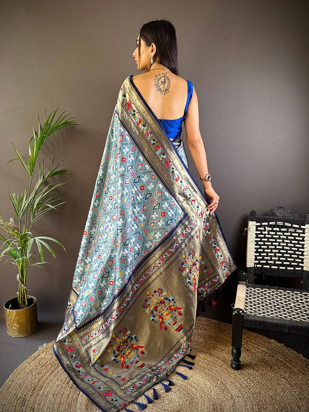Sky Blue Patola Silk Zari Weaving Saree by My Store