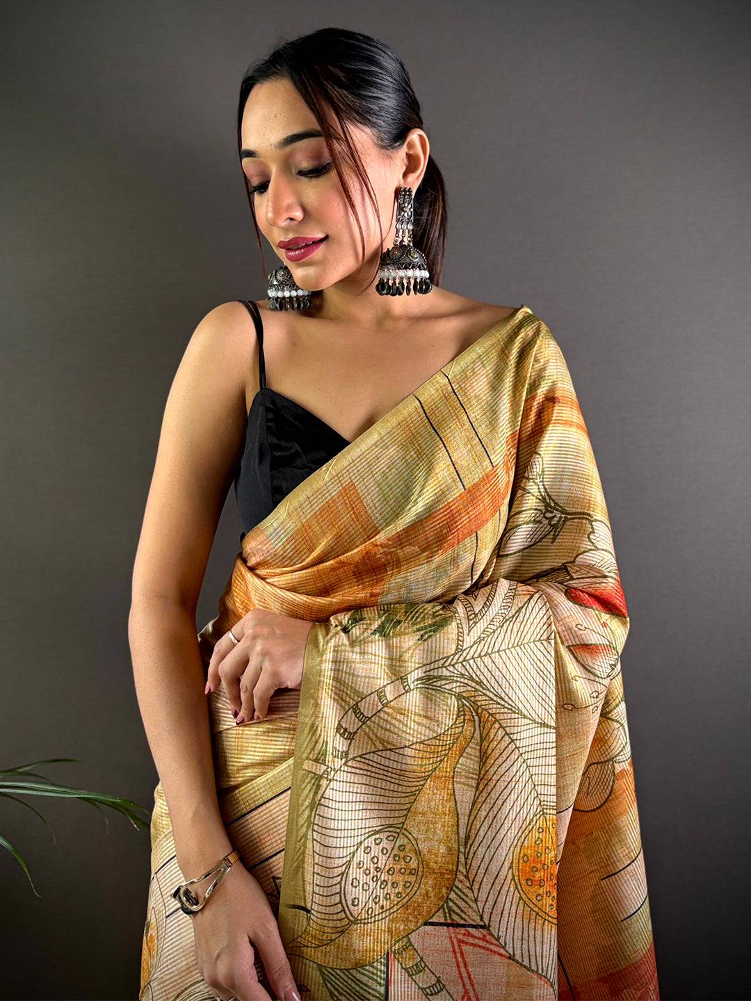 Olive Tussar Silk Lush Botanical Prints Saree by My Store
