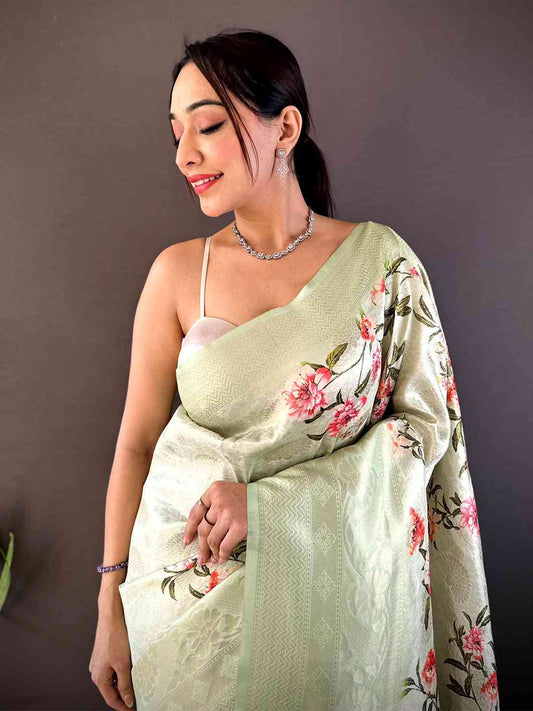 Pastel Green Kanjivaram Digital Silk Saree by My Store