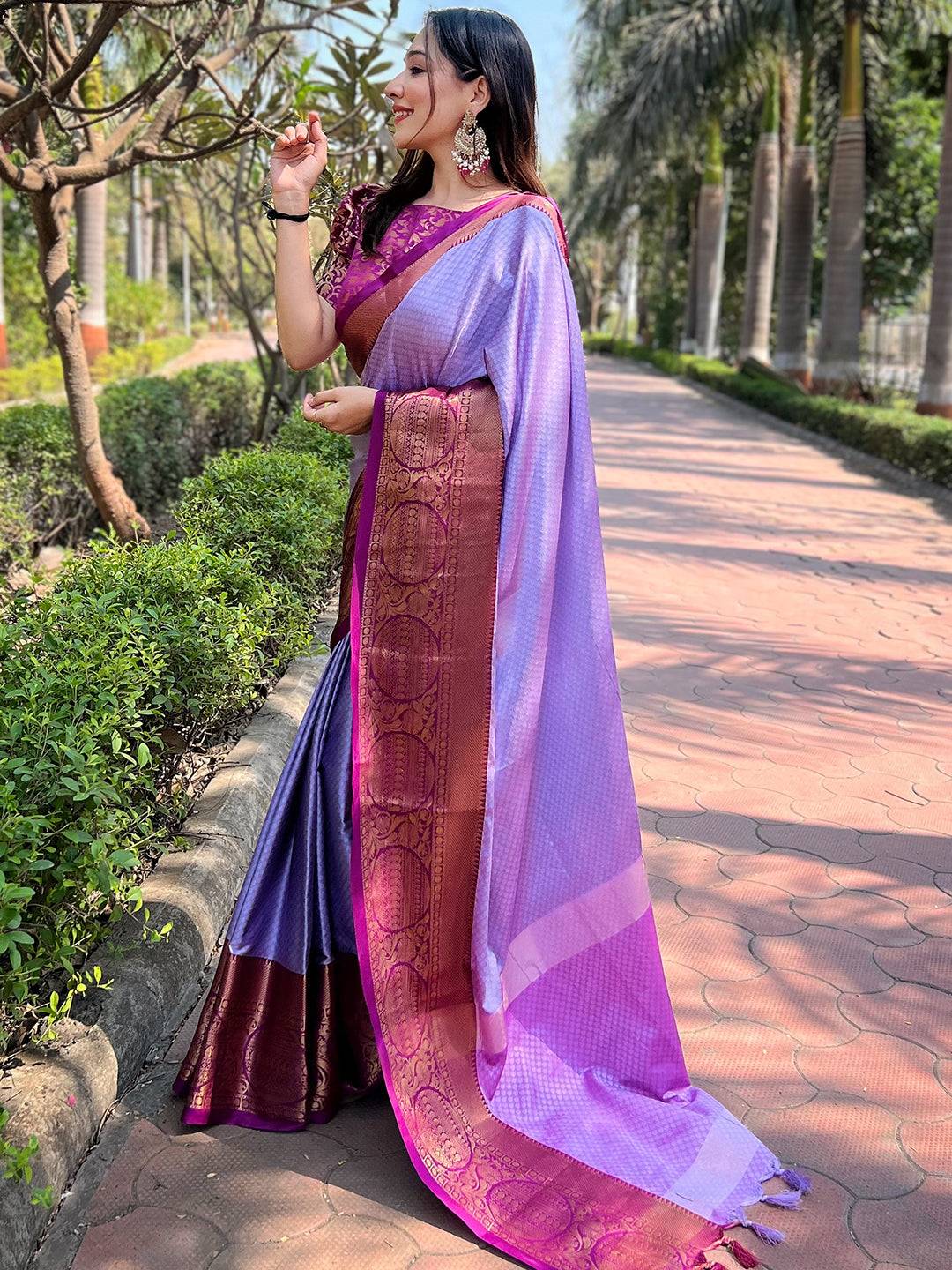 Lavender Aura Soft Silk Saree With Kanjivaram Weaving Broced Zari Blouse by My Store