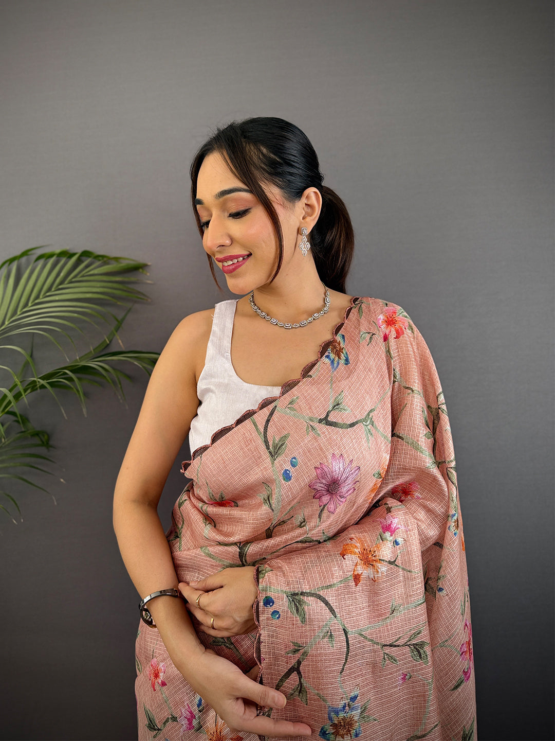 Peach Soft Kota Floral Print Saree by My Store