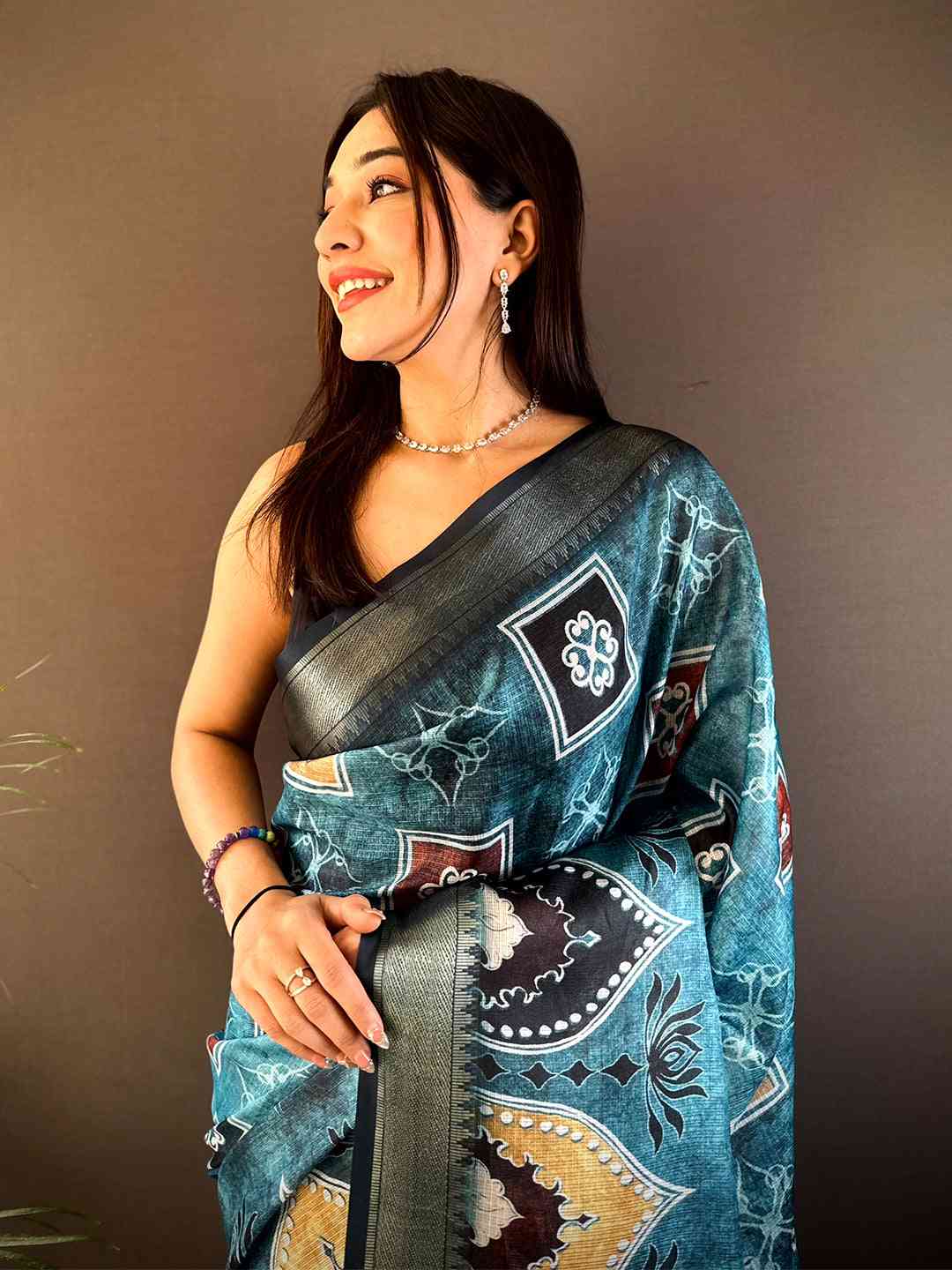 Teal Kota Doriya Zari Weave Digital Print Saree by My Store