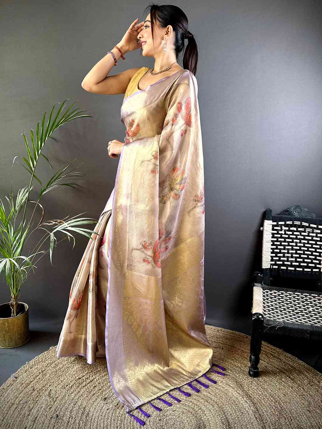 Stylish Lavender Self Gold Zari Floral Print Saree by My Store