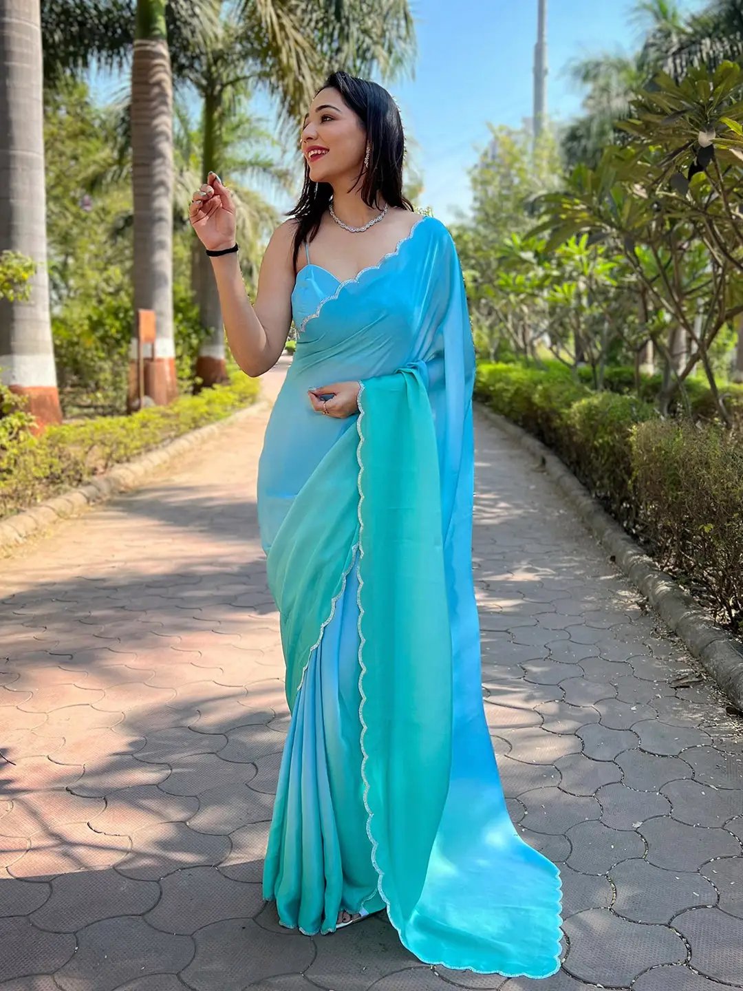 Sky Blue Satin Georgette Saree